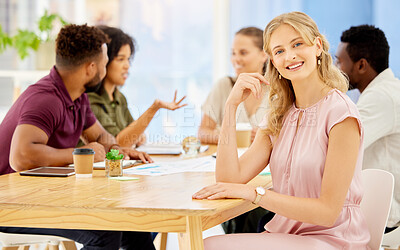 Buy stock photo Leadership, meeting and business woman portrait with teamwork, collaboration or ideas at office table. Company goals or mission strategy planning of corporate worker with employee workflow management