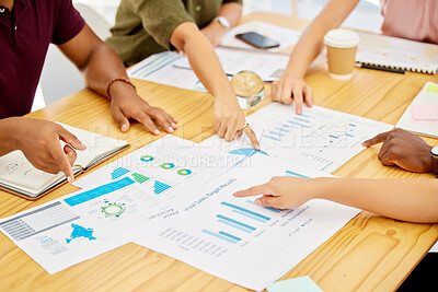 Buy stock photo Hands of business people with teamwork, collaboration and planning strategy for company KPI data future growth. Analytics, documents and paper report with innovation, logistics and social media goals