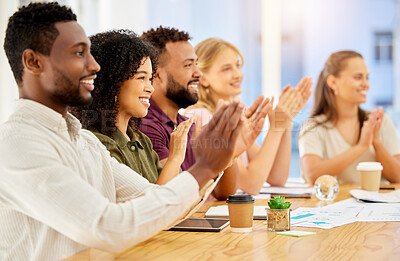 Buy stock photo Clapping, success and global business workshop, teamwork collaboration or meeting training for happy creative people. Smile or excited diversity workers in office motivation and strategy presentation