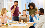 Happy corporate team success, business meeting with laptop and staff teamwork achievement. Group diversity of young casual people, working collaboration and company online technology in office job