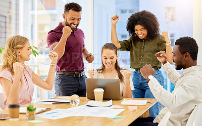 Buy stock photo Happy team celebrate success, sales target business meeting with laptop and staff teamwork goal achievement. Young casual people smile, group working collaboration and company pride in victory fist