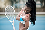 Muscle injury, tennis game and black woman with emergency health problem during competition, medical accident during sports and fitness training on court. African athlete with arm pain during cardio