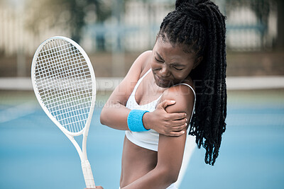 Buy stock photo Muscle injury, tennis game and black woman with emergency health problem during competition, medical accident during sports and fitness training on court. African athlete with arm pain during cardio