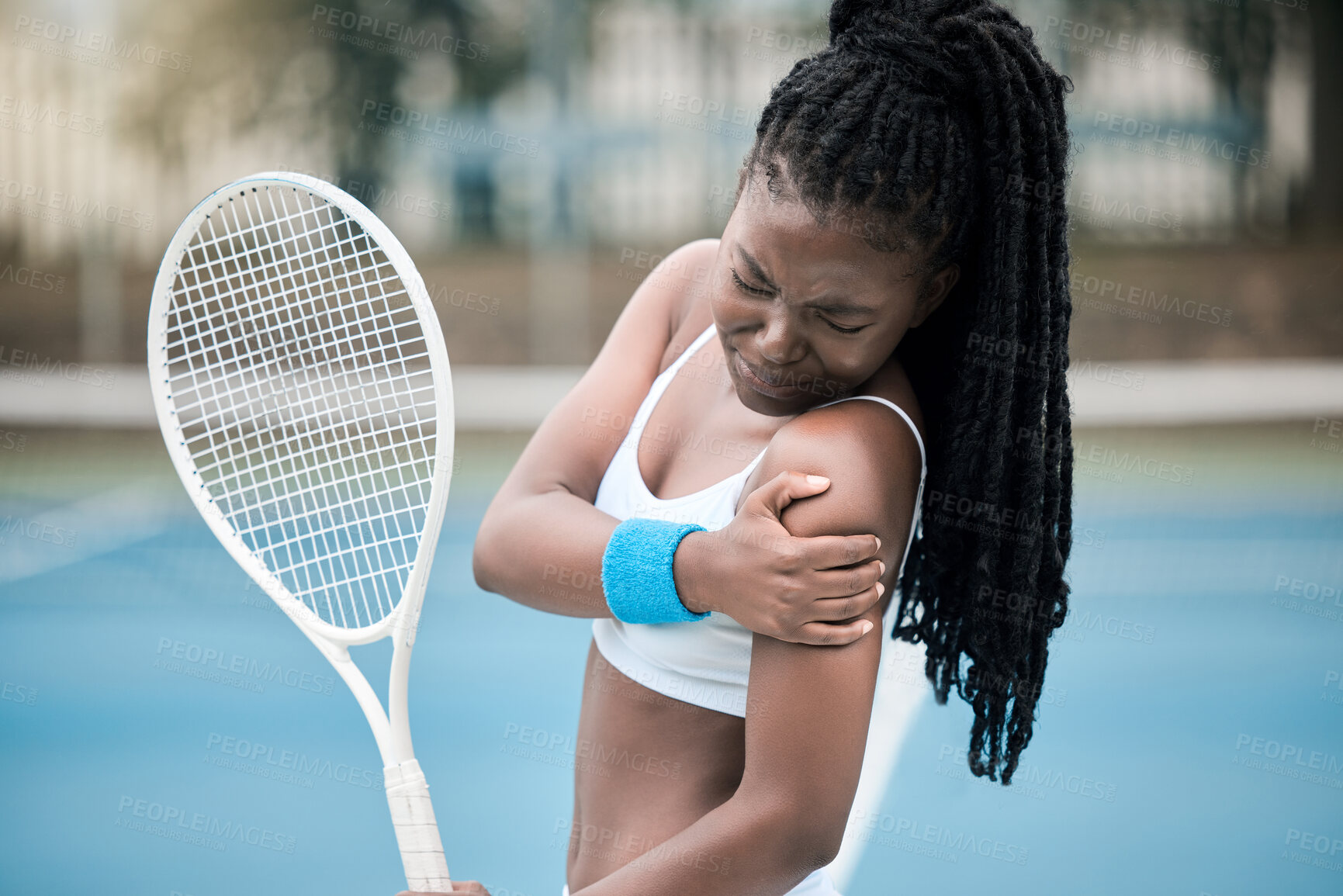 Buy stock photo Muscle injury, tennis game and black woman with emergency health problem during competition, medical accident during sports and fitness training on court. African athlete with arm pain during cardio