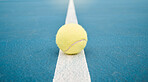Tennis ball on empty tennis court, sports and competition mockup. Racket sport, ball or athletics, net game or match, line or exercise, leisure or activity, recreation or professional practice field.