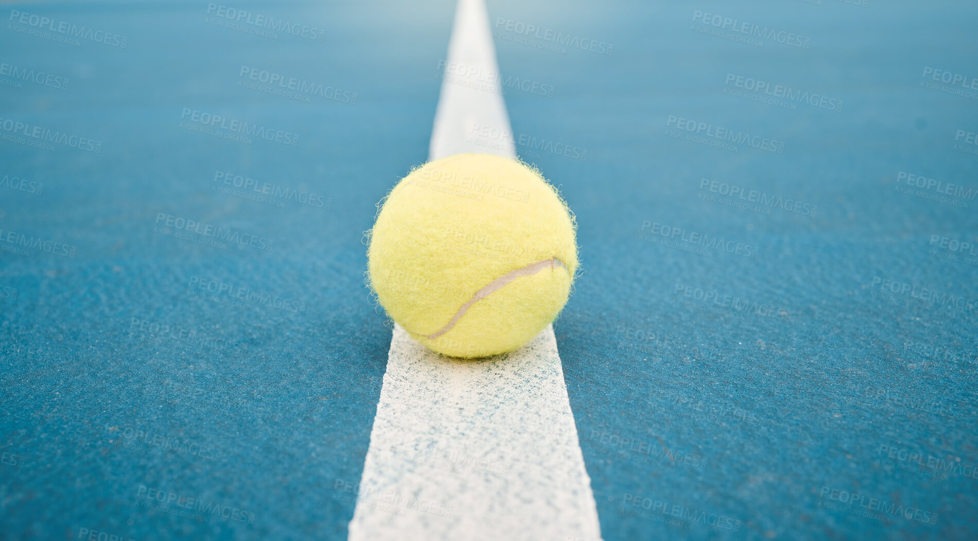 Buy stock photo Ball on empty tennis court, sports and competition mockup. Racket sport or athletics, net game or match, line or exercise, leisure or activity, recreation or professional practice field.