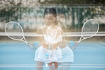 Woman, long exposure and sport with racket for game practice cardio and athlete fitness workout. Motion blur, optical effect and fit girl on outdoor tennis court for match or tournament exercise.