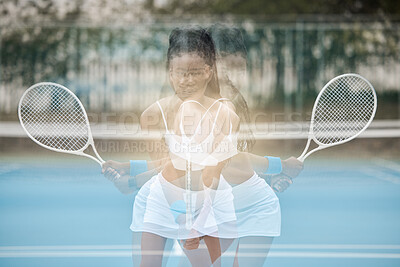 Buy stock photo Woman, long exposure and sport with racket for athlete cardio fitness and game speed practice. Motion blur and optical effect of fast girl on outdoor tennis court for match tournament exercise.