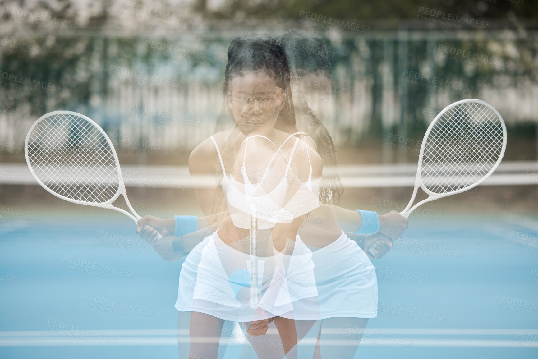Buy stock photo Woman, long exposure and sport with racket for athlete cardio fitness and game speed practice. Motion blur and optical effect of fast girl on outdoor tennis court for match tournament exercise.