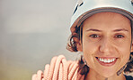Portrait of a happy woman hike with helmet and ropes outdoors before climbing mountain or rock. Healthy, fitness and extreme climber face with a smile with motivation and love for extreme sport