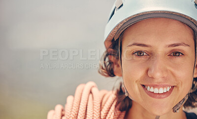 Buy stock photo Portrait of a happy woman hiking with helmet and ropes outdoors before climbing mountain or rock. Healthy, fitness and extreme climber face with a smile with motivation and love for extreme sport
