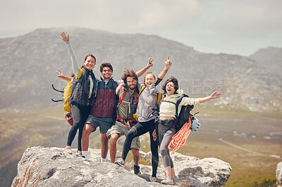 Buy stock photo Hiking goals, mountains and friends portrait for fitness, adventure or wellness lifestyle. Nature, eco and health people or group with happy motivation for backpack trekking and countryside journey