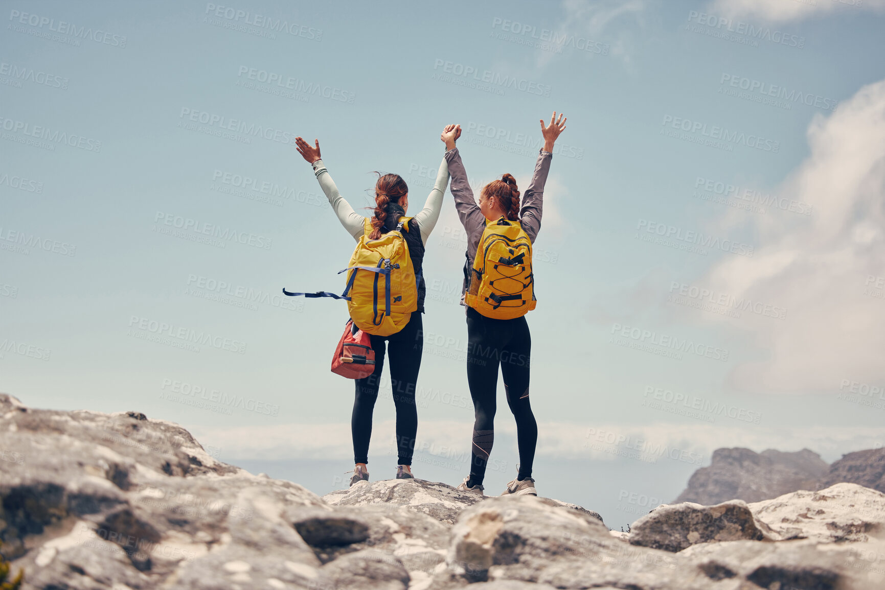 Buy stock photo Hiking success, mountains travel and friends in celebration of fitness adventure, freedom in nature and cardio exercise on mountain in Switzerland. Women celebration of climbing cliff on holiday