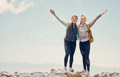 Buy stock photo Travel, hiking and success with women on mountain cliff, trekking and adventure trip together. Freedom, landscape and rock climbing with friends explore on backpack journey and standing on hill top