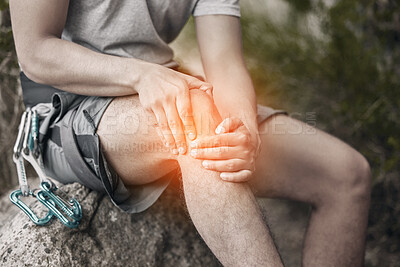 Buy stock photo Knee, injury and pain with a man sitting on a rock to take a break while out hiking, rock or mountain climbing in nature.  CGI of discomfort from cramp during exercise or sports training in a forest