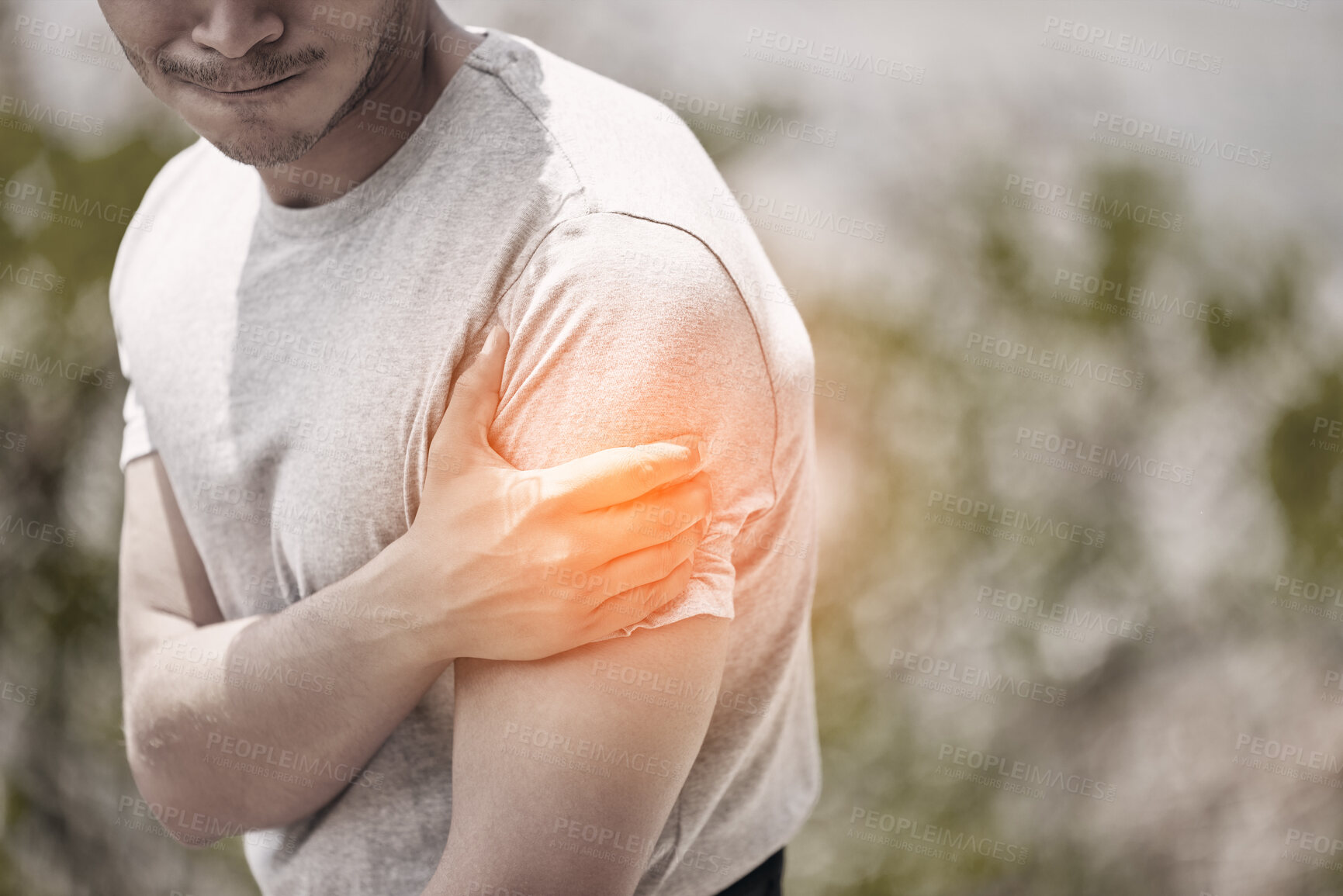 Buy stock photo Arm, muscle or pain injury of man during fitness, workout or outdoor exercise with nature bokeh. Overlay CGI of young sports athlete guy for medical insurance, healthcare emergency or inflammation
