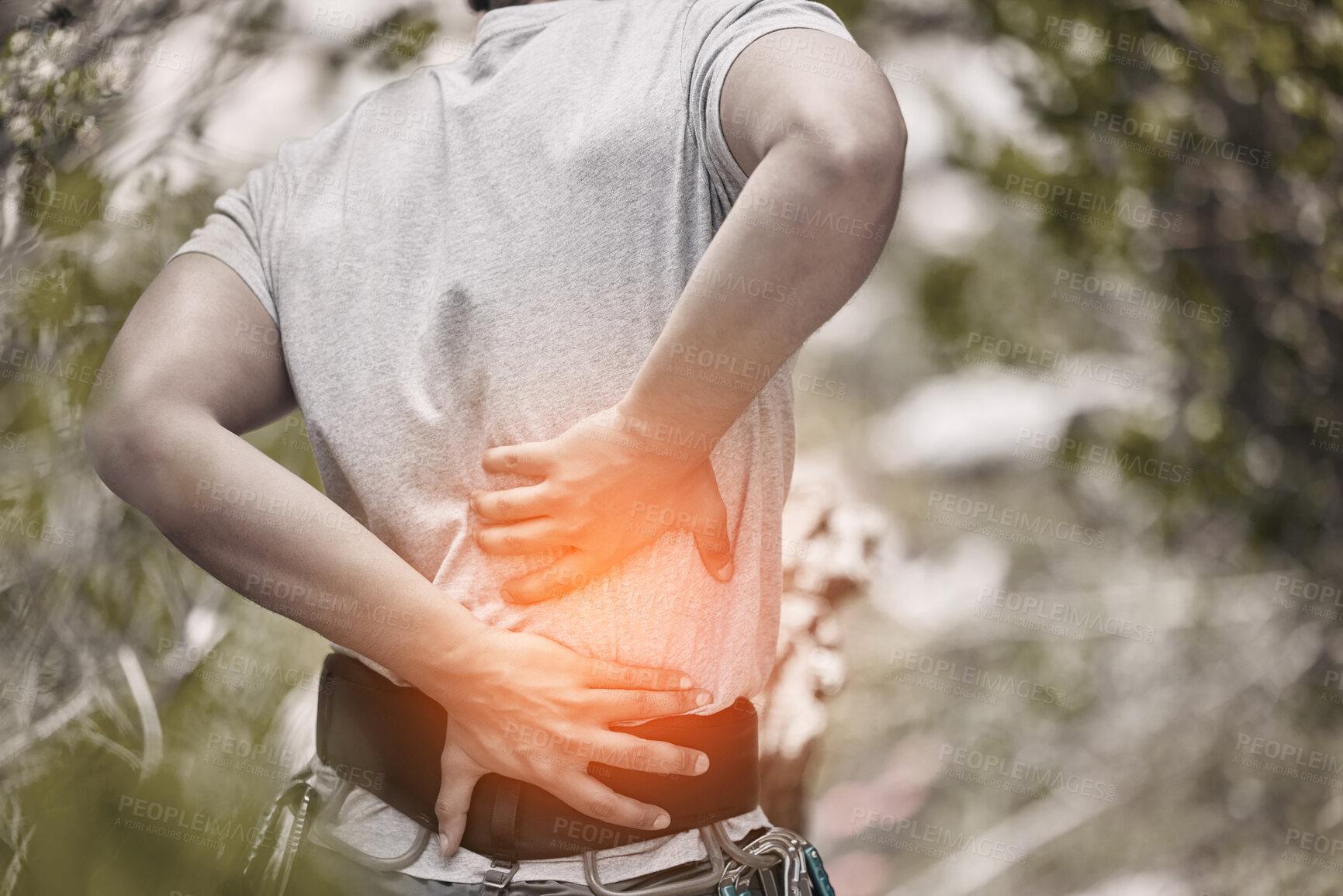 Buy stock photo Back, pain and injury with sports man hiking in nature and suffering from a medical emergency with overlay, special effects and cgi. Anatomy, physical and muscle inflammation with a male athlete