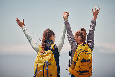 Buy stock photo Women outdoor travel, celebrate success adventure and hiking support achievement on mountain top. Blue sky landscape, best friends love nature, sunshine at peak and calm freedom of girl sisters trip