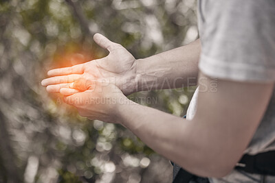 Buy stock photo Man, hand and pain with abstract injury in wellness sports exercise, training and health workout. Fitness stress, burnout or medical emergency or accident for athlete with muscle anatomy inflammation
