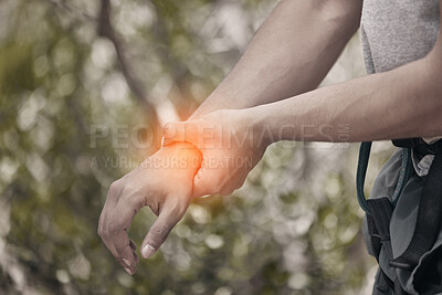 Buy stock photo Nature, fitness and man with wrist pain or injury from physical action with red light. Fitness man check for injured muscle and joint inflammation outdoor during activity, workout or training