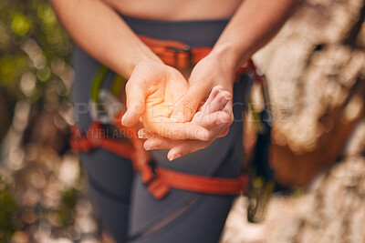 Buy stock photo Fitness, sport and hand injury overlay of woman during training, hiking and exercise outdoor in nature. CGI of discomfort or pain from cramp during workout or sports health in a forest 