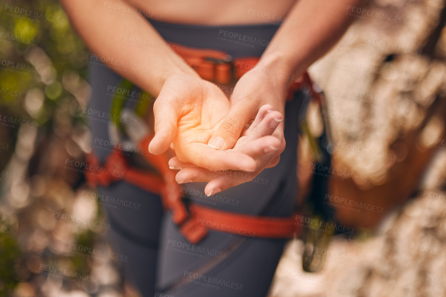 Buy stock photo Fitness, sport and hand injury overlay of woman during training, hiking and exercise outdoor in nature. CGI of discomfort or pain from cramp during workout or sports health in a forest 