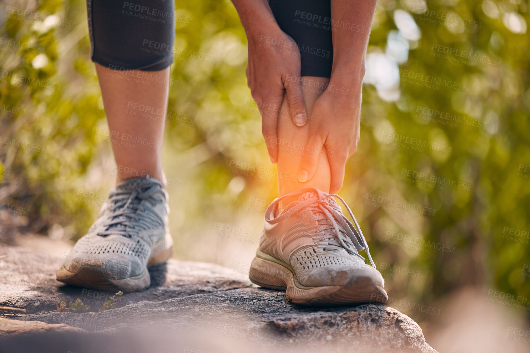Buy stock photo Athlete, ankle and joint injury on nature walk workout with muscle cramps and strain close up. Inflammation, pain and physical trauma to body while trekking outdoors in park for fitness.