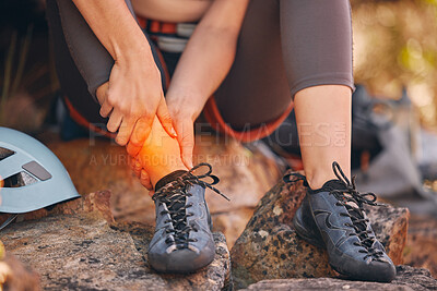 Buy stock photo Pain, injury and ankle with a woman hiking and suffering from a sprain, strain or inflammation with cgi special effects. Sports, fitness and exercise with a female getting injured on a workout