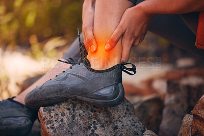 Buy stock photo Ankle, pain and injury with a hiker suffering with a sprain, fracture or swelling of a leg or foot joint. Overlay and special effects with the hands of a male holding a sore muscle and hiking outside