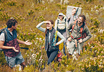 Group hiking, nature travel and guide in communication with friends on holiday in countryside of Peru, freedom on walk for fitness and happy on vacation. People talking while climbing mountain