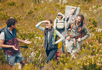 Buy stock photo Group hiking, nature travel and guide in communication with friends on holiday in countryside of Peru, freedom on walk for fitness and happy on vacation. People talking while climbing mountain