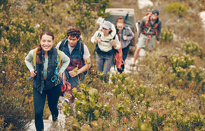 Buy stock photo Group of friends hike trail up mountain, to camp in nature landscape on extreme adventure holiday. Team of people explore earth together, on hiking trip to mountains or hill while on vacation.