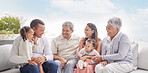 Happy family with children and grandparents talking, communication and conversation on couch outdoor in family home. Big family of elderly retirement people, love young couple and kids smile together
