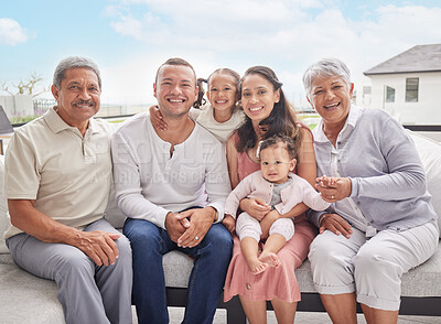 Buy stock photo Big family portrait, children with grandparents at summer holiday vacation on sofa with blue sky. Happy Mexico mother, interracial father and kids or baby bonding together on outdoor patio break