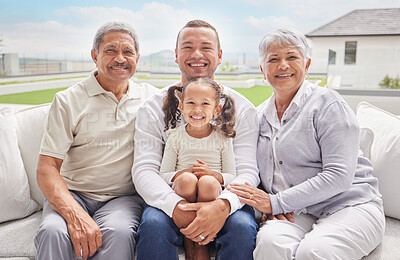 Buy stock photo Big family portrait with child and grandparents on outdoor patio lounge in Mexico for summer holiday or vacation. Happy interracial father, kid and grandmother smile together with blue sky sunshine