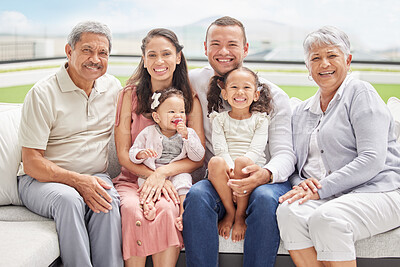 Buy stock photo Portrait of a family on vacation outdoors, happy and smiling while bonding with their grandmother and grandfather. Cheerful children having fun with their parents and grandparents on weekend