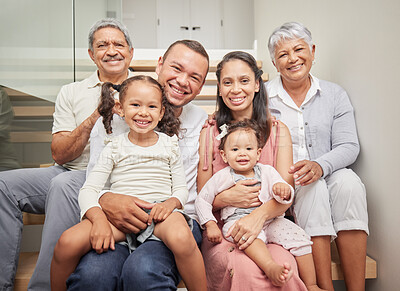 Buy stock photo Happy family, portrait and grandparents with baby girls bonding and relaxing together in a peaceful home. Grandfather, grandmother and mom sitting by dad with smiling children or kids in the house