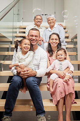 Buy stock photo Kids portrait, happy family and parents with grandparents on stairs, smile at birthday celebration and love in house together. Elderly grandmother and man with children on steps to celebrate holiday