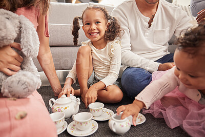 Buy stock photo Happy, kids and children at play date have tea party, fun and playing together on home living room floor. Development, youth and group of little girl friends imagine they're a princess at royal party