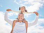 Family, girl child and father on holiday with clouds blue sky, sunshine and summer. Happy, care and love and dad playing with youth kid portrait on vacation break enjoying, having fun and piggyback  