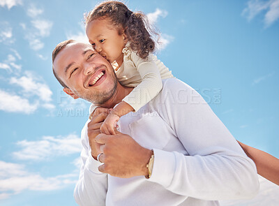 Buy stock photo Girl child kiss dad with love, smile and care playing together on summer day with sunny blue sky outdoor. Happy smiling family man or father with beautiful Asian baby girl hug have fun and happiness