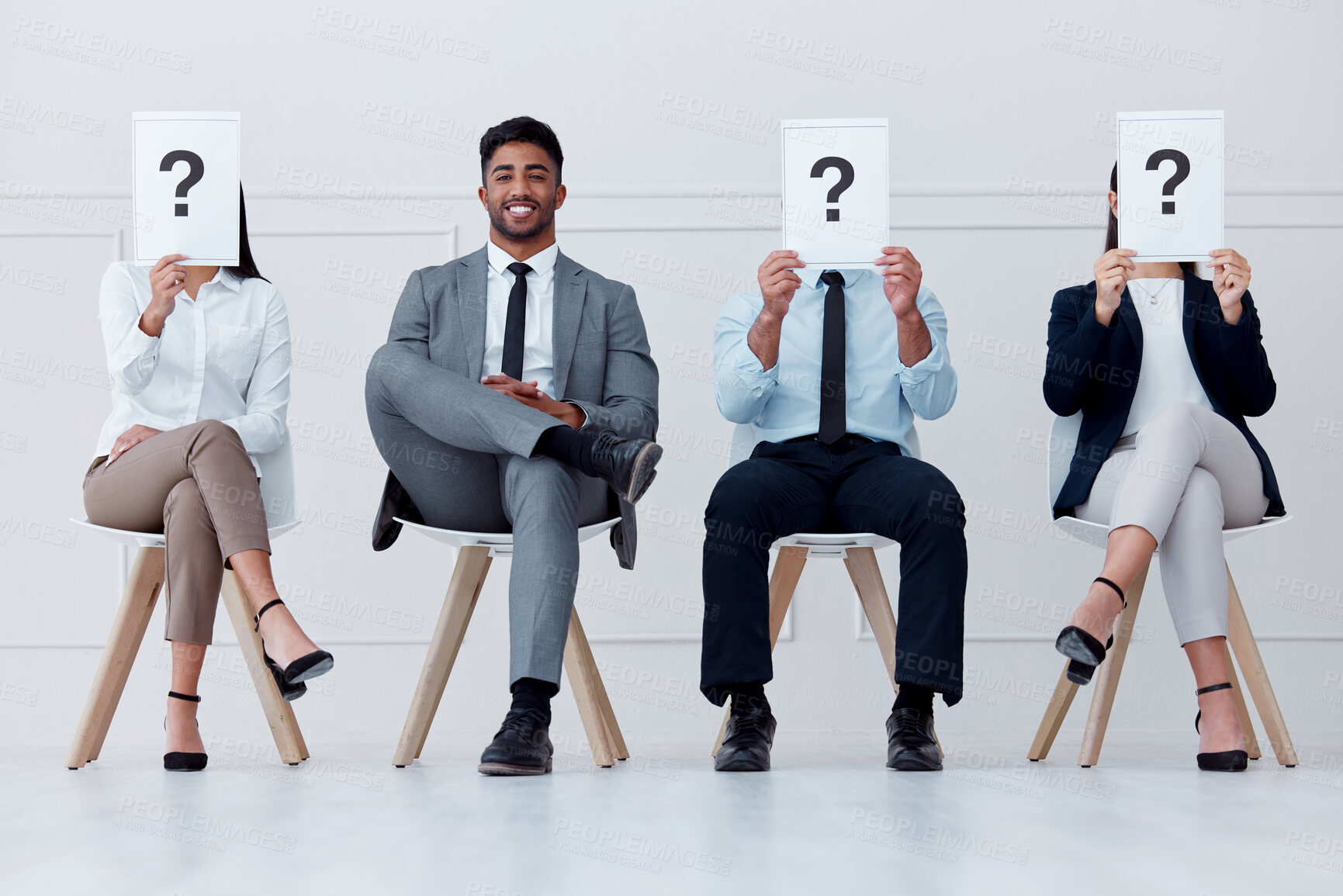 Buy stock photo Man at recruitment company and question with smile, job interview or hiring with manager or boss to join team of workers. Happy male in group with people for job at business or office for work growth