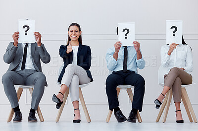 Buy stock photo Recruitment, question mark and thumbs up business woman with smile in hiring, interview or feedback review in workplace. Question, ok and yes from employee for thank you, welcome and success teamwork