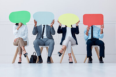 Buy stock photo Speech bubble, opinion and business people for social media communication, vote or voice and waiting room HR recruitment. Corporate workers with branding board for advertising, marketing and mock up