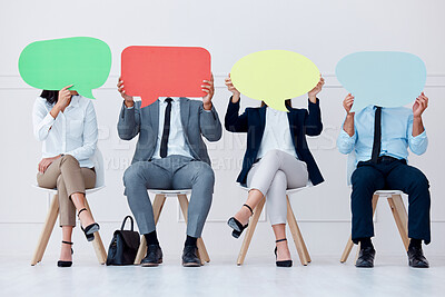 Buy stock photo Speech bubble chat, social media marketing and business people working in recruitment, networking in line and advertising brand on poster. Mockup branding board for contact and collaboration at work
