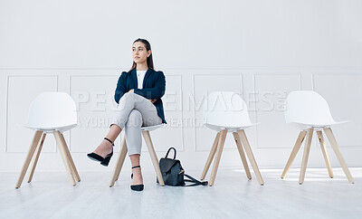 Buy stock photo Recruitment, waiting room and business woman for HR interview, career opportunity or corporate job, Professional worker, leader or candidate in line for Human Resources we are hiring company mock up
