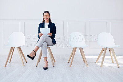 Buy stock photo Recruitment, hiring and business woman in waiting room for corporate company or agency job interview. Portrait of happy, smile and confident girl with resume, paper and documents for HR opportunity.
