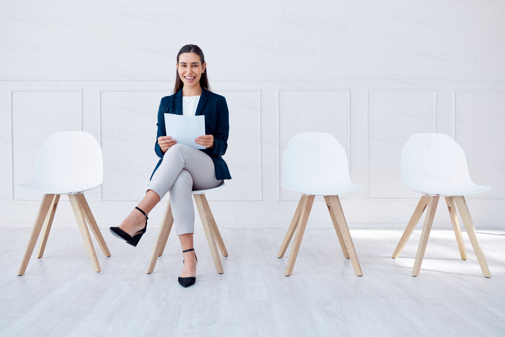 Buy stock photo Recruitment, hiring and business woman in waiting room for corporate company or agency job interview. Portrait of happy, smile and confident girl with resume, paper and documents for HR opportunity.