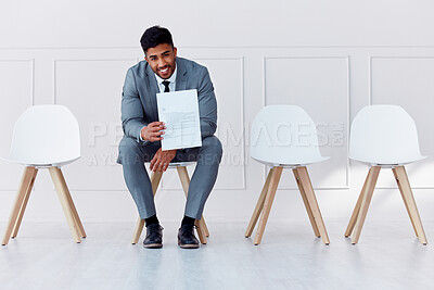 Buy stock photo Hiring, recruitment and business man in a waiting room for a corporate company job interview. Happy, smile and confident career businessman with professional cv ready for job, interview or recruiting