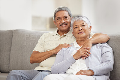 Buy stock photo Portrait of senior couple relax with love on a home living room sofa happy, smile and enjoy peace, freedom and calm lifestyle. Romantic, elderly man and woman living retirement life together bonding